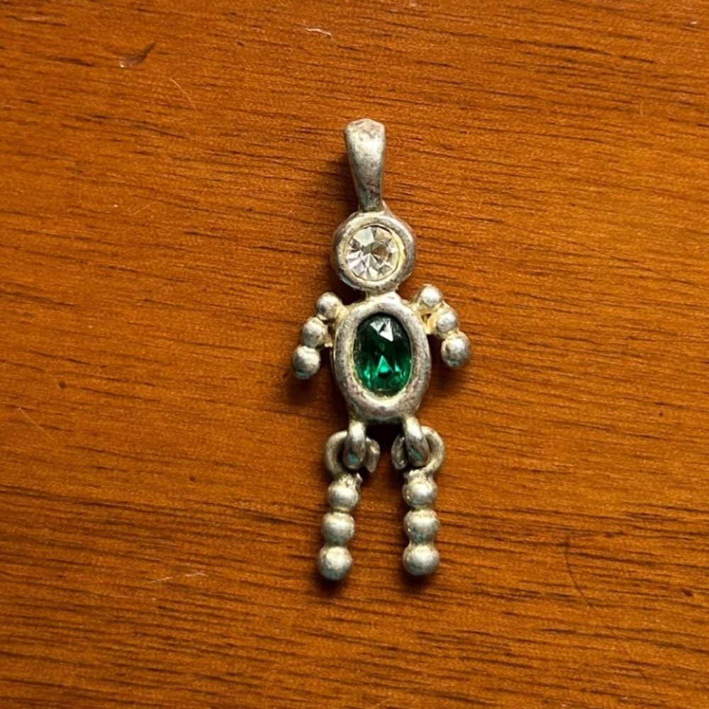 Vintage 925 Silver Articulated Birthstone Baby Boy May Pendant Green Crystal